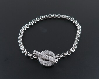 Sterling Silver Chain Bracelet, Toggle Clasp Bracelet, Silver Rolo Link Bracelet, Rhinestone Toggle Bracelet