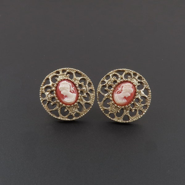 Cameo Earrings, Victorian Style Earrings, Pink Cameo Earrings, Filigree Cameo Earrings, Neo Classical Earrings