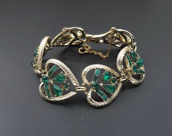 Green Rhinestone Bracelet, Coro Bracelet, Green Bracelet, Heart Link Bracelet, Gold Bracelet