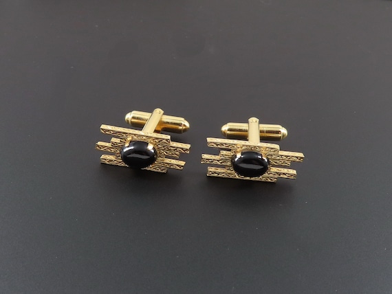 Modernist Cuff Links, Black Cuff Links, Gold Cuff… - image 1