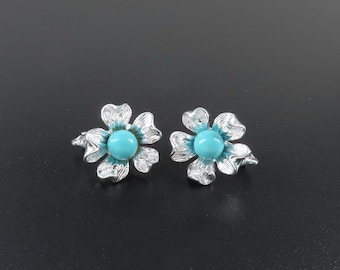 Sarah Coventry Blue Note Earrings, Flower Earrings, Faux Turquoise Earrings, Silver Flower Earrings