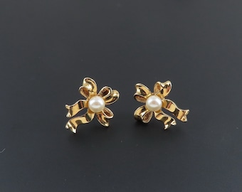 Avon Pearly Bow Earrings, Gold Earrings, Faux Pearl Earrings