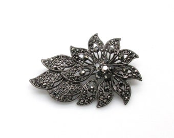 Black Flower Brooch, Faux Marcasite Brooch, Liz Claiborne Brooch, Floral Brooch, Rhinestone Brooch