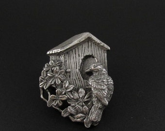 Birds and Blooms Brooch, Birdhouse Brooch, Bird Brooch, Pewter Brooch, Bird Watching Brooch