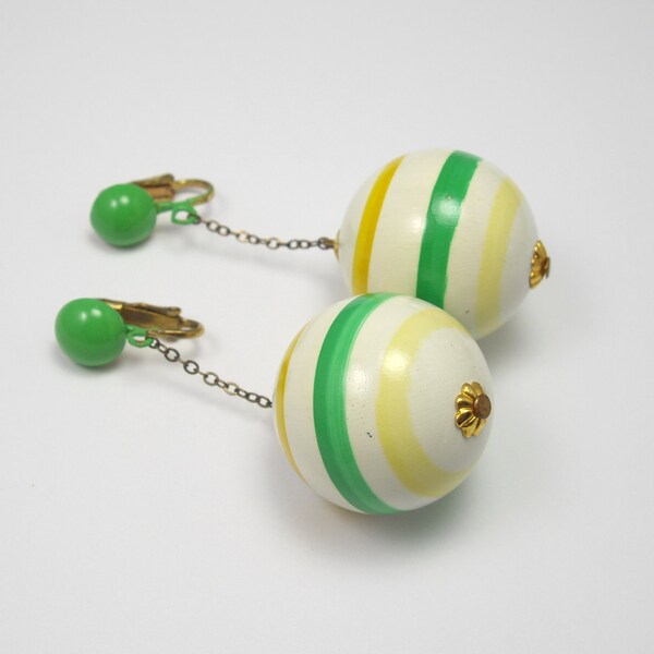 Vintage Bobber Earrings, Large Dangle Ball Earrings, Green Earrings