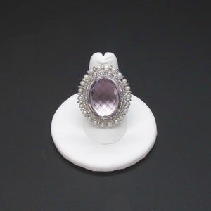 Sterling Silver Halo Ring: Pink Glass, Pearl Accents, Size 6.75