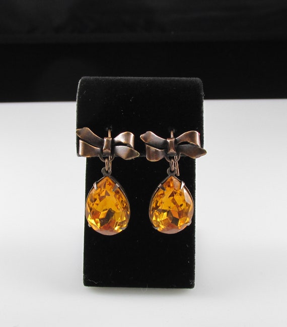 Bow Earrings, Faux Citrine Earrings, Copper Bow E… - image 2