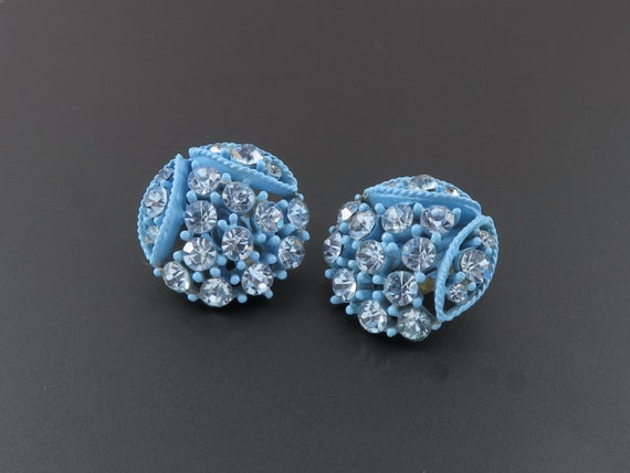 Blue Rhinestone Earrings, Blue Enamel Earrings, F… - image 1