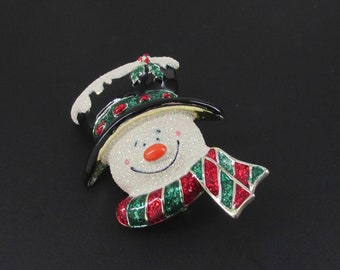 Sparkly snow Scarf Striped mittens and hat Vintage Christmas Brooch Silver tone metal Holiday brooch Ice Skating Snowman Brooch