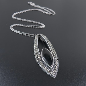 Sterling Silver Marcasite Pendant, Sterling Silver Onyx Pendant, Sterling Silver Necklace, Marcasite Necklace, Black Necklace