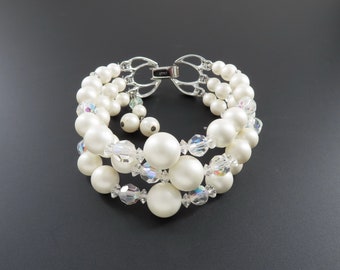 Star Multi Strand Bracelet, Faux Pearl Bracelet, Triple Strand Bracelet, White Bead bracelet, Bridal Jewelry, Bridal Bracelet