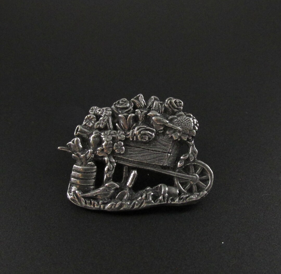 Birds and Blooms Brooch, Wheelbarrow Brooch, Gardening Brooch, Flower