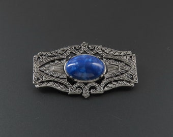 Victorian Style Brooch, Faux Lapis Lazuli Brooch, Faux Marcasite Brooch, Blue Brooch, Victorian Revival Brooch, Silver Brooch