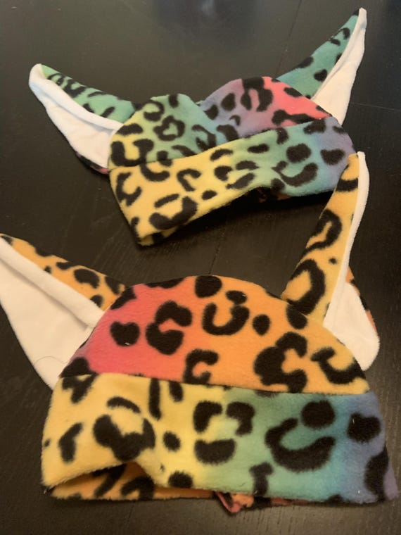 ヒョウ柄耳付きフリース帽子 レインボーヒョウ耳帽子、フリース - Etsy 日本
