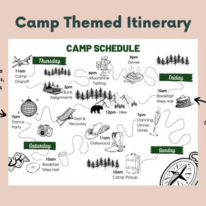 Benutzerdefinierte Camp-Themen Bachelorette Abenteuerkarte Reiseweg | Personalisierte Merit Badges & Brochure für Bachelorette, Parties, Events