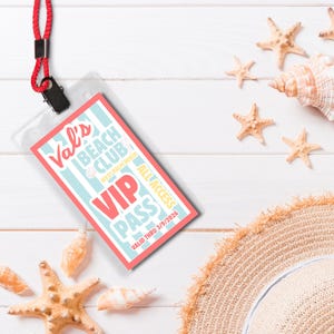 May include: A rectangular VIP pass in a clear plastic holder with a red lanyard. The pass features light blue and white vertical stripes with red text reading Val's Beach Club, VIP PASS, ALL ACCESS, and the expiration date VALID THRU 3/9/2026.