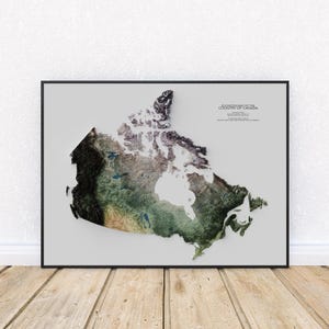 May include: Framed artwork featuring a detailed relief map of Canada, showcasing its topography with shades of green, brown, and white. The text "COUNTRY OF CANADA" is displayed at the top. The artwork is set against a light gray background.