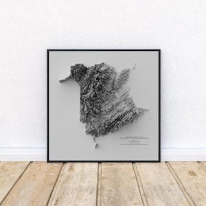 Elevation map of New Brunswick – Black & White Topographic Map Print | Canada Wall Decor | Maritime Provinces Poster Art