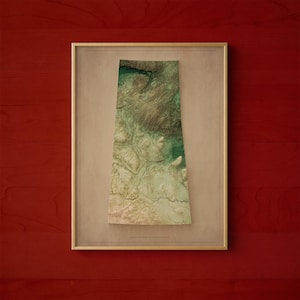 May include: Framed topographic map of Saskatchewan, Canada, in shades of green, brown, and beige. The map is encased in a gold frame and set against a neutral background. The frame is displayed on a red wooden surface.