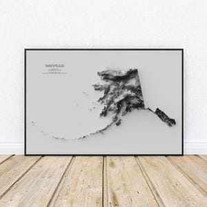 Mapa de elevación de Alaska: Impresión topográfica en blanco y negro / Decoración de pared de Alaska / Póster artístico del estado de Alaska