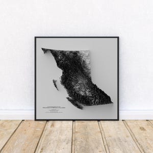 ブリティッシュコロンビア州の標高図 – 白黒地形図プリント | カナダの壁飾り | 西カナダのポスターアート
