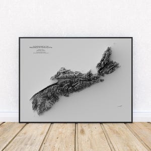 Elevation map of Nova Scotia – Black & White Topographic Map Print | Canada Wall Decor | Maritime Provinces Poster Art