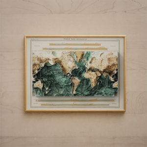 May include: A framed world bathy-geographical map featuring a relief-style depiction of continents in shades of tan and brown, contrasted against deep green and teal ocean depths. The print includes technical elevation and depth charts.