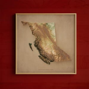 May include: Framed 3D elevation map of British Columbia, Canada. The map shows detailed topography in brown and green, within a gold frame. The text "ELEVATION MAP OF BRITISH COLUMBIA" is at the bottom. The frame is on a red background.