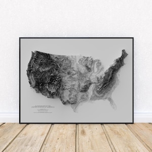 Elevation map of the United States – Black & White Topographic Map Print | USA Terrain Wall Decor | Modern American Poster Art