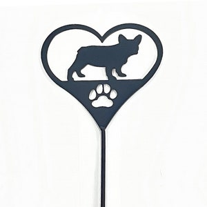 May include: Black metal heart-shaped garden stake with a silhouette of a French Bulldog and a paw print.