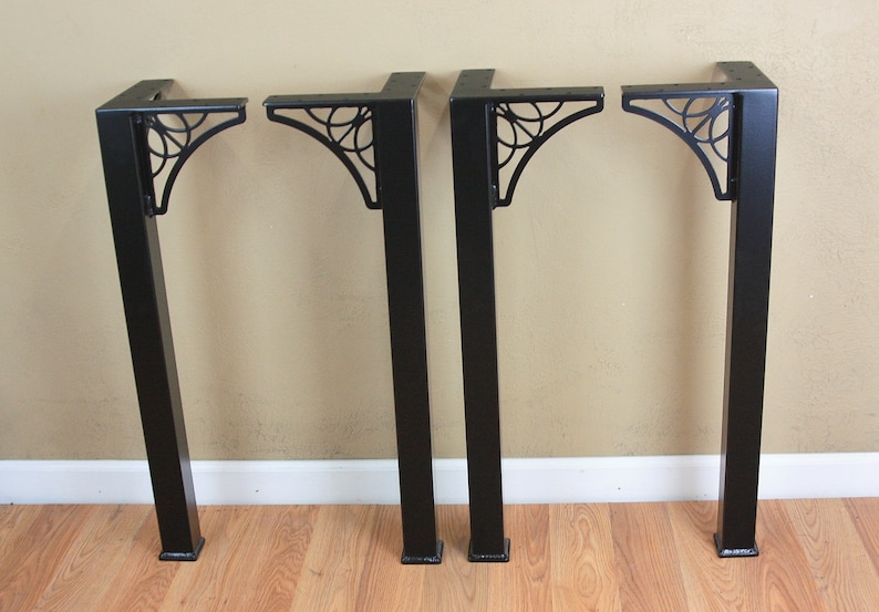 Steel table legs with decorative metal scroll gussets set
