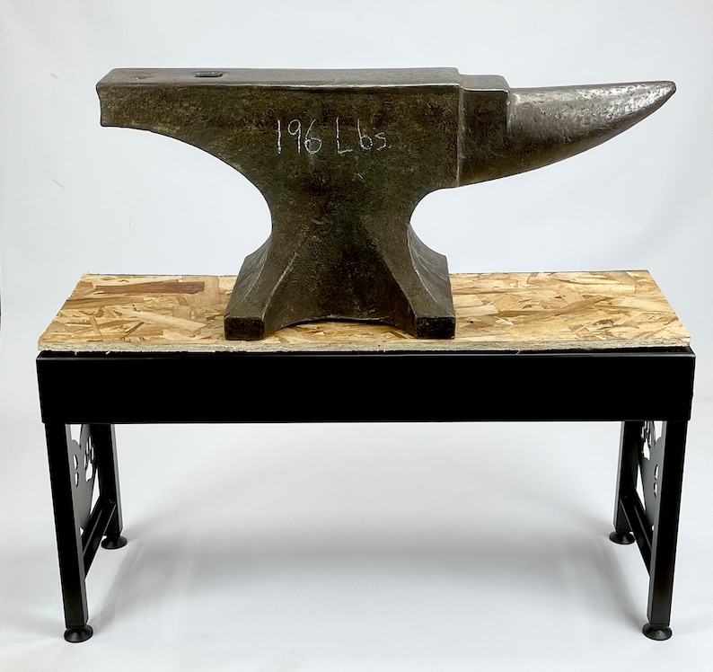Great Dane feeder stand from Modern Ironworks shown holding  196 lb anvil
