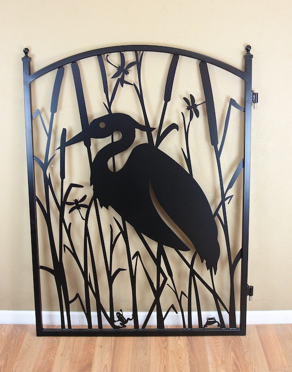 Garden Gate Metal Art Heron In Cattails 4x5 Powdercoated Steel Etsy