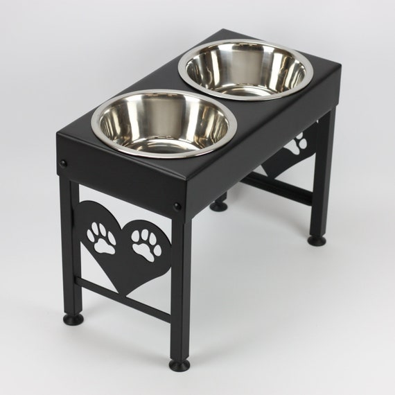 Elevated Large Breed Double Bowl Dog Feeder Powdercoated Steel Paw Prints  on Heart 