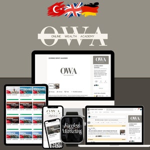 May include: A collage of images showcasing an online wealth academy called "OWA" with the text "Online Wealth Academy" and the flags of Turkey, the United Kingdom, and Germany. The images include a computer screen, a tablet, a smartphone, and a smartwatch. The computer screen displays the OWA website with the text "Çevrimiçi Servet Akademisi" which translates to "Online Wealth Academy" in English. The tablet displays a grid of online courses with titles in Turkish. The smartphone displays a course titled "E-Mail Marketing" and the smartwatch displays the text "Faceless Marketing".