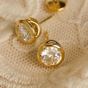 2CT Moissanite Stud Earrings: DISC BACK LAB Diamond 18K GoldPlated Sterling Silver Bezel Set, Oval Emerald PrincessCut Wedding Jewelry