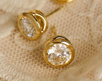 2CT Moissanite Stud Earrings: DISC BACK LAB Diamond 18K GoldPlated Sterling Silver Bezel Set, Oval Emerald PrincessCut Wedding Jewelry
