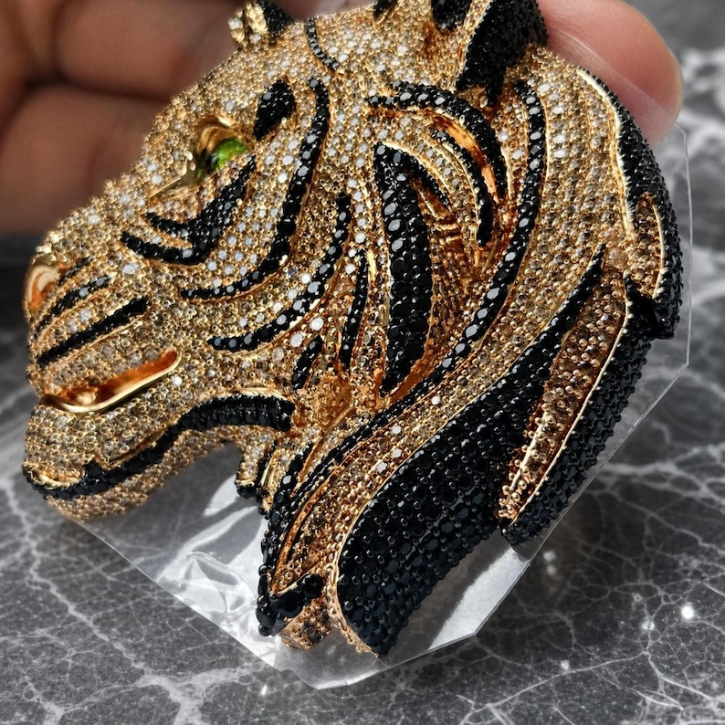tiger pendant iced out necklace hip hop pendant for men animal jewelry bling necklace gold tiger charm statement pendant image 3