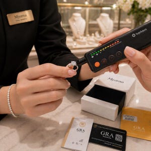 May include: A diamond ring is held near a diamond tester. The ring is silver with a large, clear, round-cut diamond. The tester is black with an orange button and a series of green, yellow, and red lights. The scene takes place in a jewelry store.