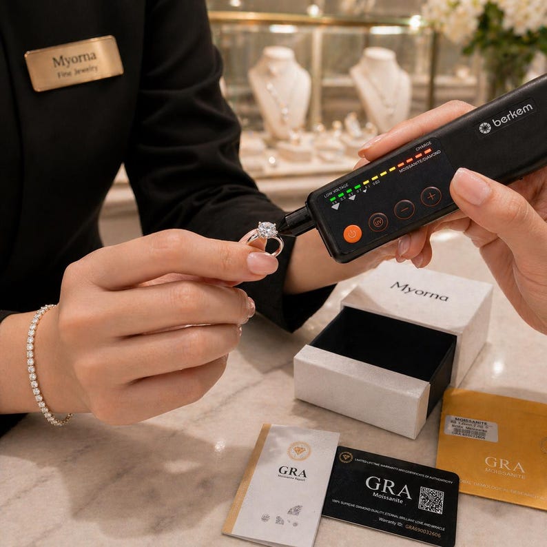 May include: A diamond ring is held near a diamond tester. The ring is silver with a large, clear, round-cut diamond. The tester is black with an orange button and a series of green, yellow, and red lights. The scene takes place in a jewelry store.