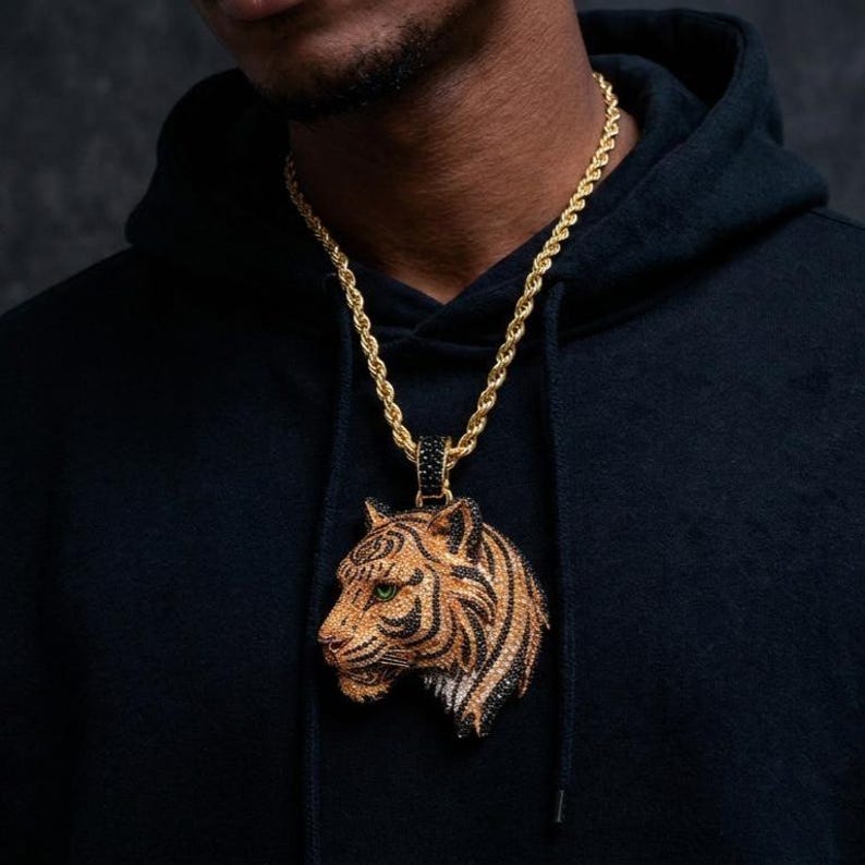tiger pendant iced out necklace hip hop pendant for men animal jewelry bling necklace gold tiger charm statement pendant image 4