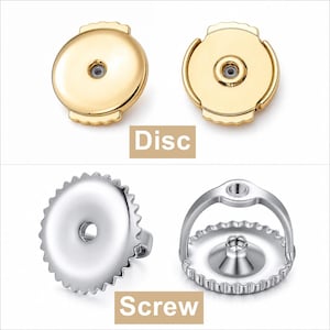 May include: Close-up of two pairs of earring backs. The top pair is gold-colored, labeled "Disc." The bottom pair is silver-colored, labeled "Screw." The disc backs are round with a small hole in the center. The screw backs have a scalloped edge.
