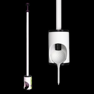 Könnte beinhalten: Ein weißer Golfballhalter mit schwarzem Sockel und einem weißen Golfball im Inneren. Der Halter ist an einer weißen Stange mit einem violetten Kopf befestigt.