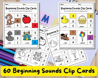 May include: A set of 60 printable clip cards for children to learn beginning sounds. Each card features a colourful illustration and a grid with letters. The text "Beginning Sounds Clip Cards" is at the top of the card. Colour the item and find out the beginning word.