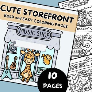 Cute Storefronts and Shops Digital 10 Coloring Pages - Adult and Kids Coloring Book, Grayscale Coloring Pages, Instant Download, Print PDF