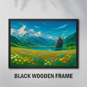 May include: A framed print of a painting depicting a floating island in a field of flowers with a mountain range in the background. The sky is blue and the water is a light blue. The island is a dark brown color and has a large, round structure on top. The flowers are a variety of colors, including red, yellow, and purple.