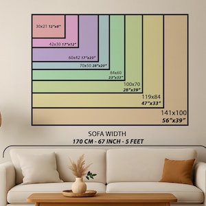 May include: A chart showing different sizes of wall art prints, ranging from 12"x8" to 56"x39". The chart is labeled "Sofa Width" and includes the measurements 170 cm - 67 inch - 5 feet.
