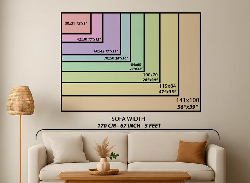 May include: A chart showing different sizes of wall art prints, ranging from 12"x8" to 56"x39". The chart is labeled "Sofa Width" and includes the measurements 170 cm - 67 inch - 5 feet.