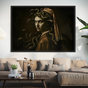 Medusa Wall Art, Arte murale della mitologia greca, Donna con testa di serpente su tela, Medusa Wall Art colorata, Decorazione murale greca con Medusa, Arredamento per la casa