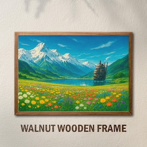 May include: A framed canvas print of a whimsical landscape with a floating house in the distance. The scene features a lake surrounded by green hills and snow-capped mountains. The foreground is filled with a field of colorful wildflowers.